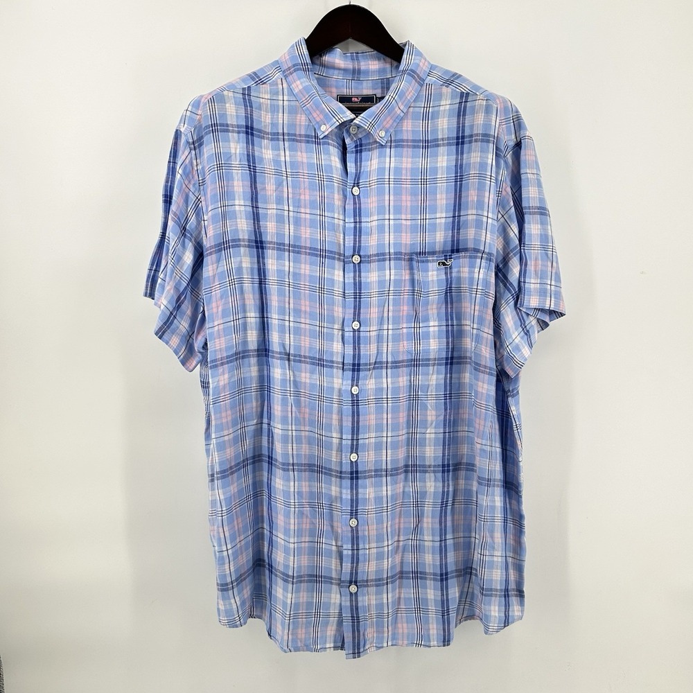 Vineyard Vines Tucker Shirt Mens 2XB Blue Pink Plaid 100% Linen Classic Fit